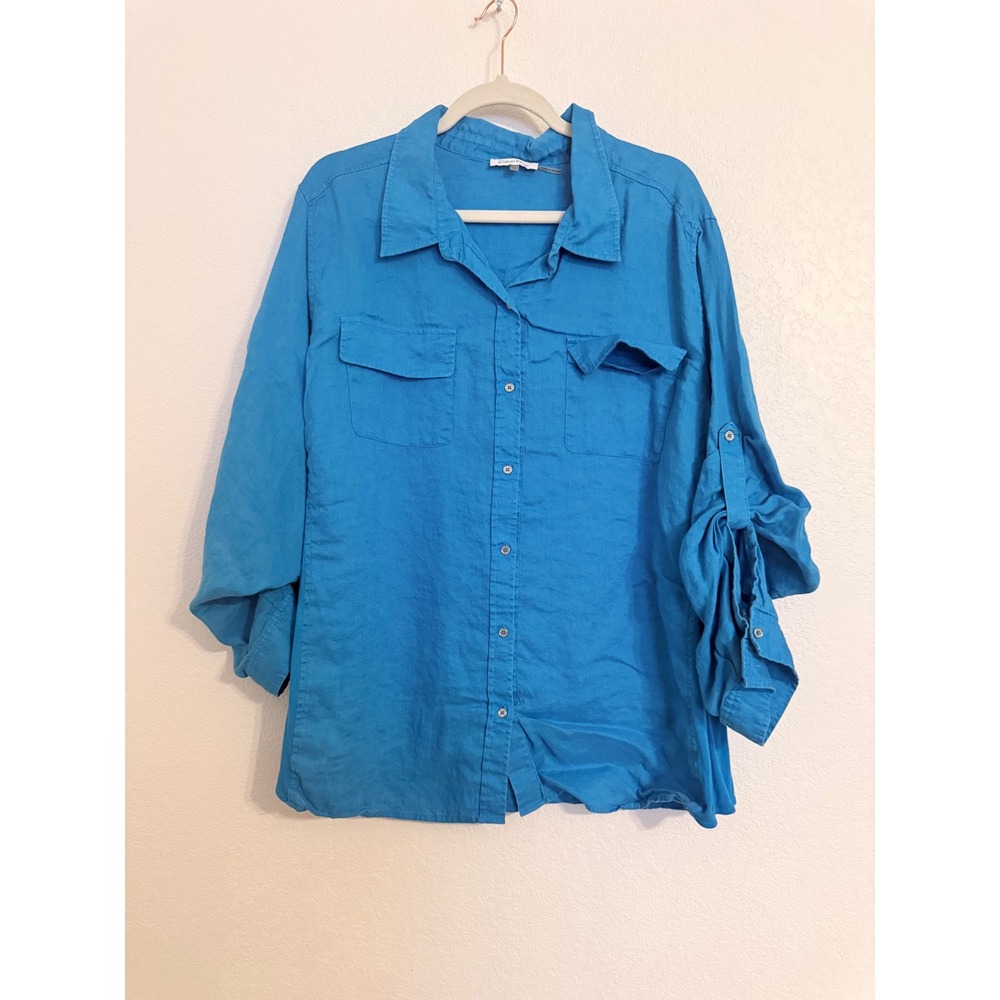 Calvin Klein Womens 3X Blue Linen Button Down Shirt Long Sleeve Plus Size